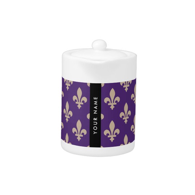 Fleur de Lis, Beige on Purple, Royal, Your Name Teapot (Front)