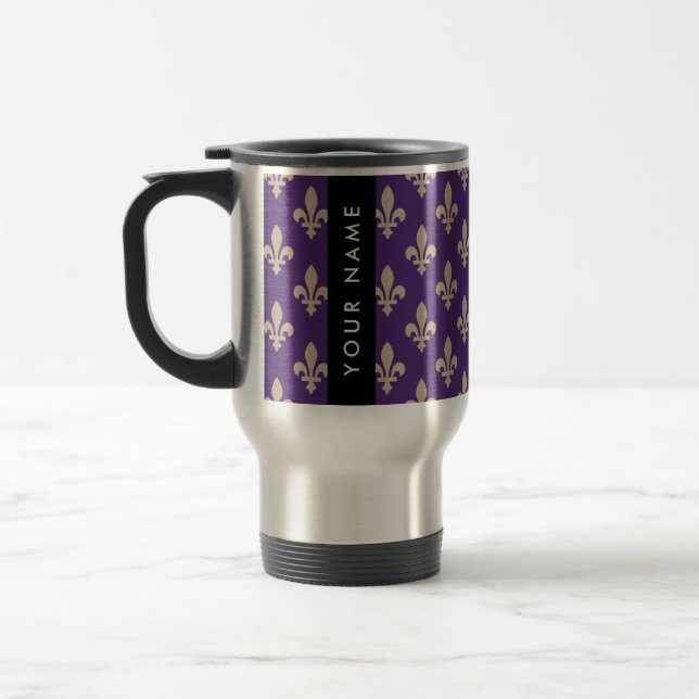 Fleur de Lis, Beige on Purple, Royal, Your Name Travel Mug (Left)