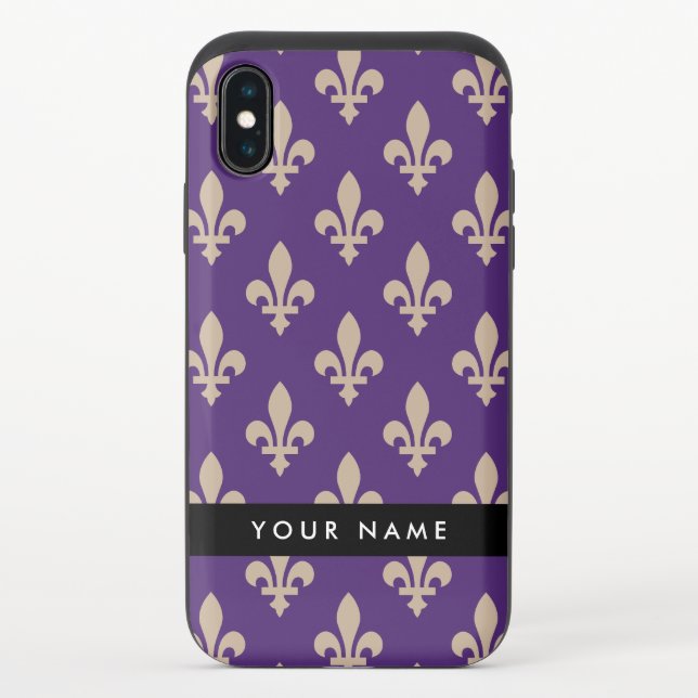 Fleur de Lis, Beige on Purple, Royal, Your Name Uncommon iPhone Case (Back)
