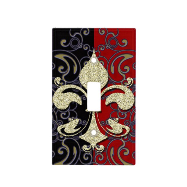 Fleur-De-Lis, Black, Gold Red Light Switch Plate (Front)