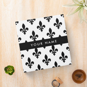 Fleur de Lis, Black on White, Black, Your Name 3 Ring Binder
