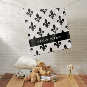 Fleur de Lis, Black on White, Black, Your Name Baby Blanket