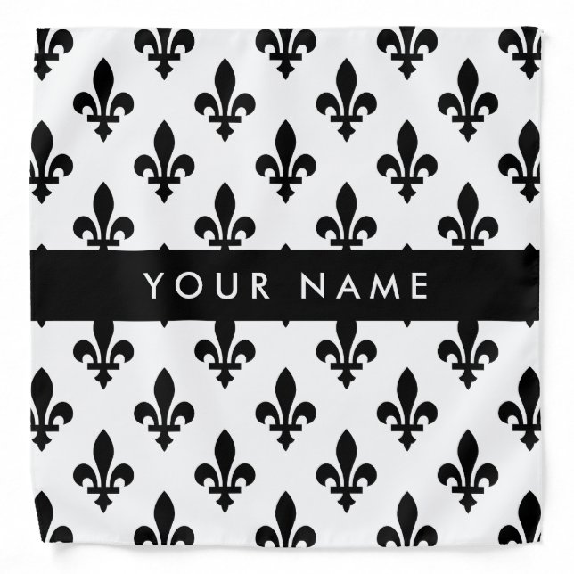 Fleur de Lis, Black on White, Black, Your Name Bandana (Front)