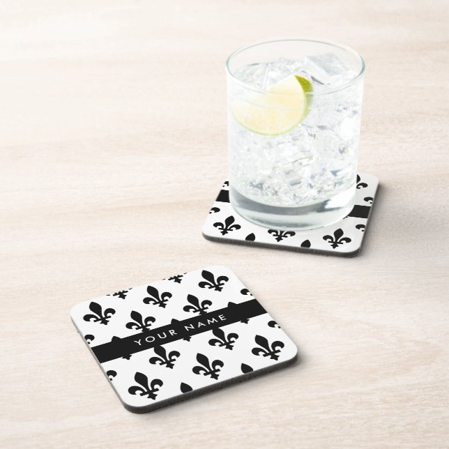 Fleur de Lis, Black on White, Black, Your Name Beverage Coaster (Right Side)