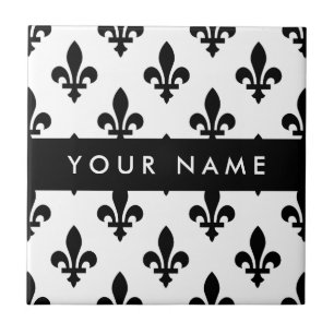 Fleur de Lis, Black on White, Black, Your Name Ceramic Tile