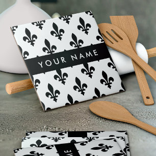 Fleur de Lis, Black on White, Black, Your Name Ceramic Tile