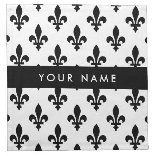 Fleur de Lis, Black on White, Black, Your Name Cloth Napkin