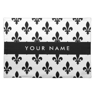 Fleur de Lis, Black on White, Black, Your Name Cloth Placemat