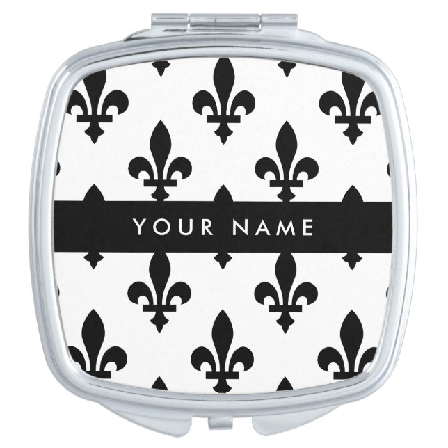 Fleur de Lis, Black on White, Black, Your Name Compact Mirror (Front)