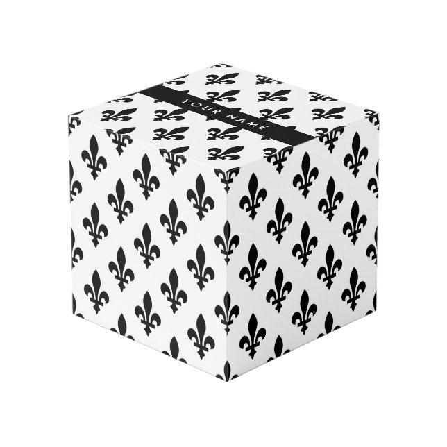 Fleur de Lis, Black on White, Black, Your Name Cube (Front Angled)