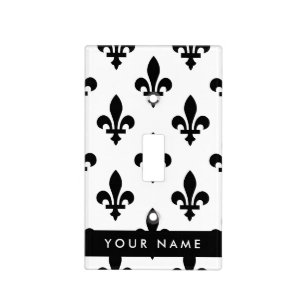 Fleur de Lis, Black on White, Black, Your Name Light Switch Cover