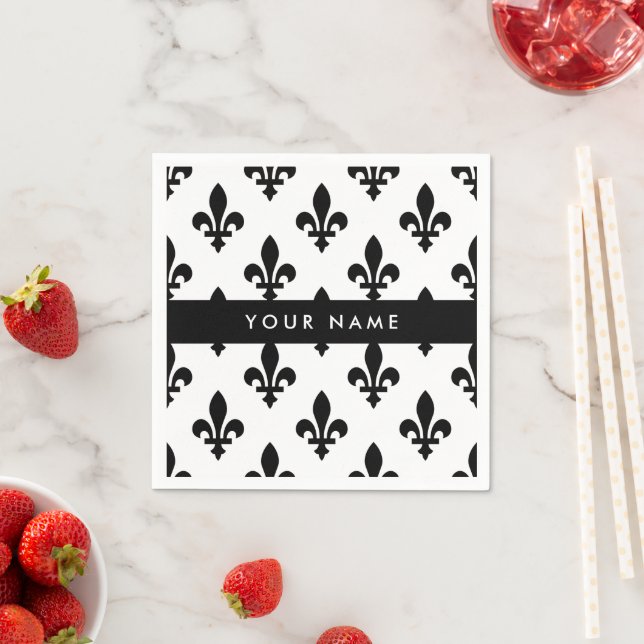 Fleur de Lis, Black on White, Black, Your Name Napkins (Insitu)