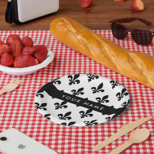 Fleur de Lis, Black on White, Black, Your Name Paper Plates