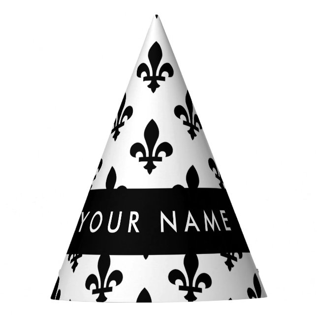 Fleur de Lis, Black on White, Black, Your Name Party Hat (Front)