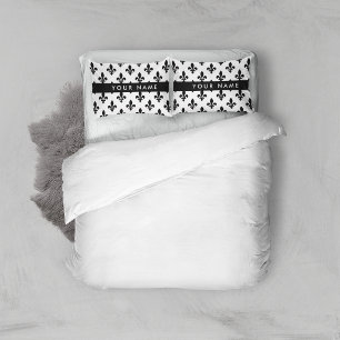 Fleur de Lis, Black on White, Black, Your Name Pillow Case