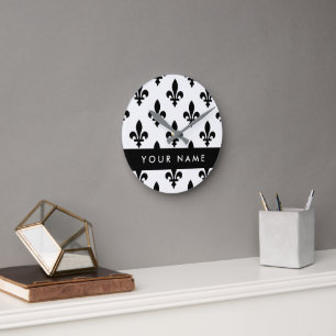 Fleur de Lis, Black on White, Black, Your Name Round Clock