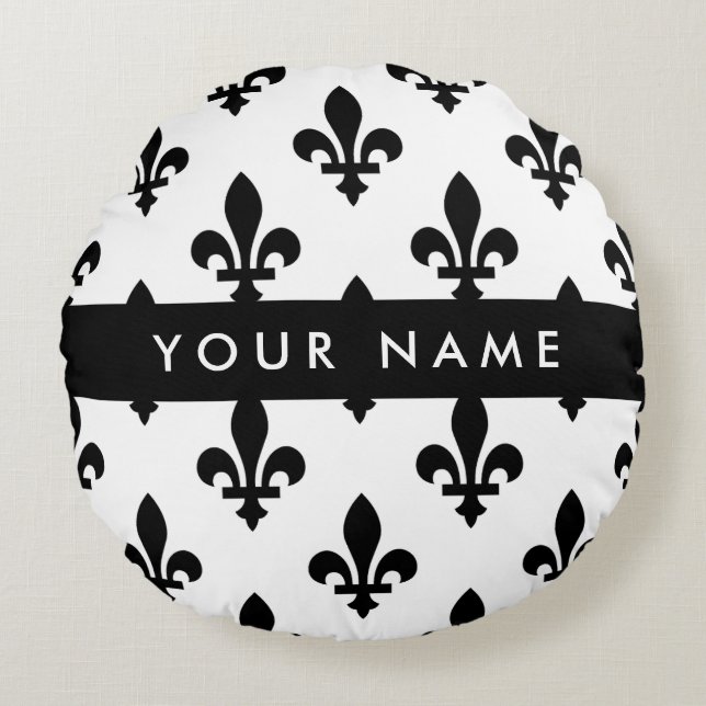 Fleur de Lis, Black on White, Black, Your Name Round Pillow (Front)