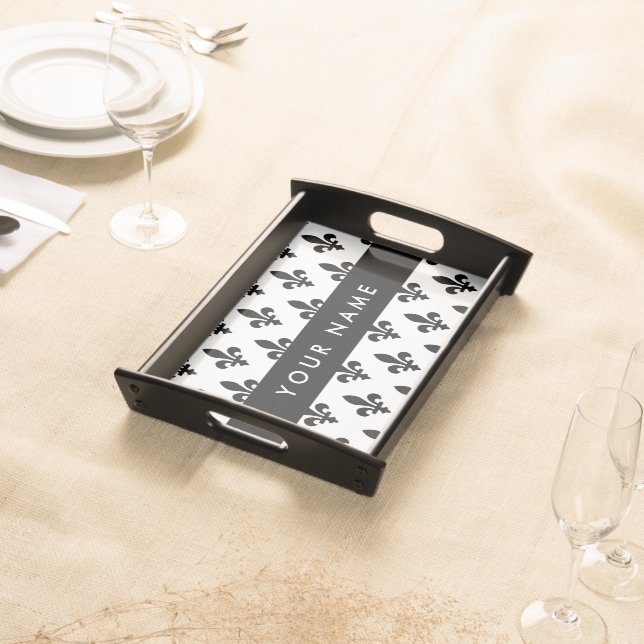 Fleur de Lis, Black on White, Black, Your Name Serving Tray (Front)