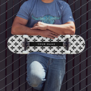 Fleur de Lis, Black on White, Black, Your Name Skateboard