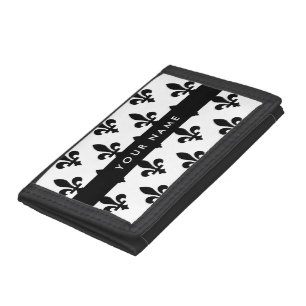 Fleur de Lis, Black on White, Black, Your Name Trifold Wallet
