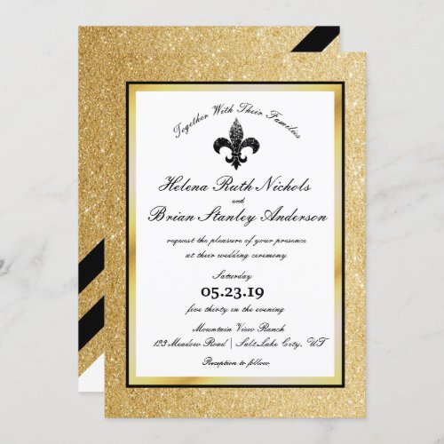 Fleur De Lis Black White Gold Glitter Wedding Invitation