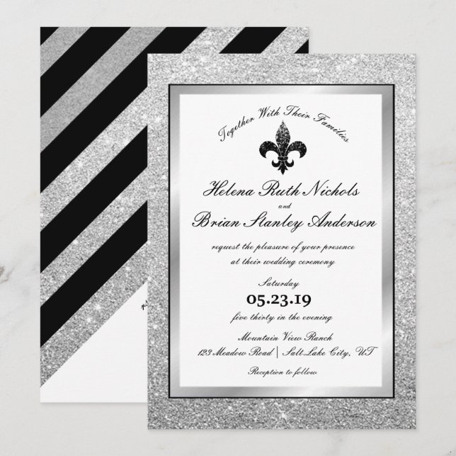 Fleur De Lis Black White Silver Glitter Wedding Invitation (Front/Back)