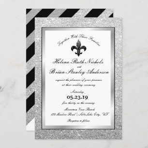 Fleur De Lis Black White Silver Glitter Wedding Invitation