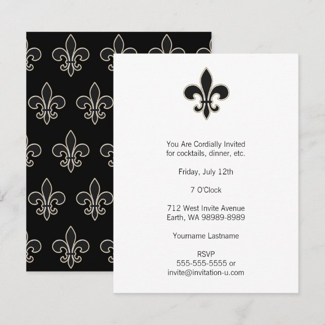 Fleur de Lis Black with White and Gold Invitation (Front/Back)
