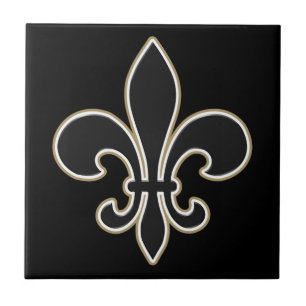 Fleur de Lis Black with White and Gold Tile