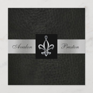 Fleur De Lis Blk Faux Leather Monogram Invitation