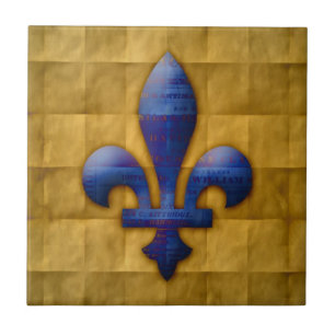 Fleur de Lis Blue and Gold Ceramic Tile
