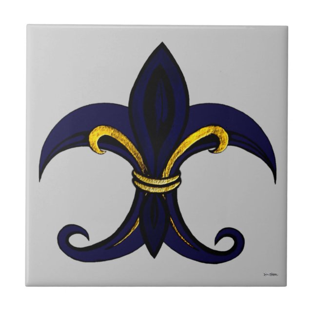Fleur de lis blue/gold ceramic tile (Front)