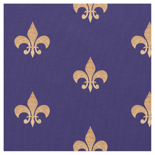 Fleur De Lis Blue Gold . Royal vintage pattern Fabric (Close Up)