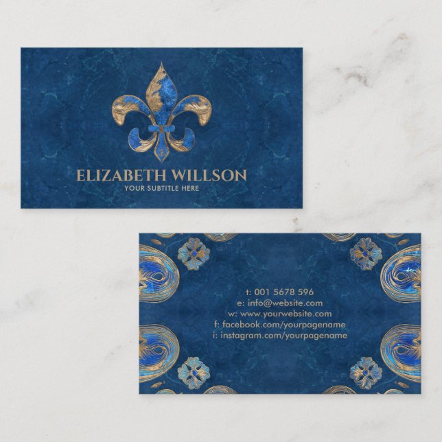 Fleur-de-lis Blue marble and gold Business Card (Front/Back)