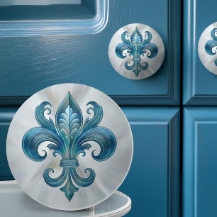 Fleur-De-Lis Blue Marble and pearl Ceramic Knob