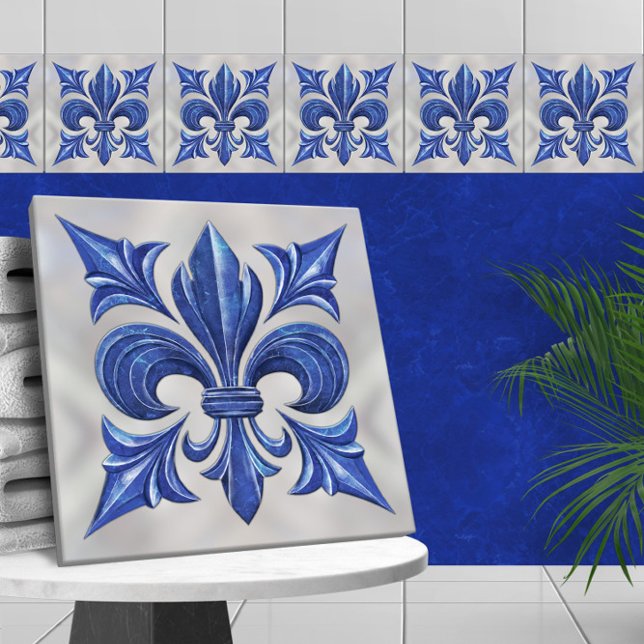 Fleur-De-Lis Blue Marble and pearl Ceramic Tile (Creator Uploaded)