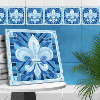 Fleur-de-lis - Blue Marble mosaic art Ceramic Tile