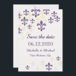 Fleur de Lis Cascade Save the Date<br><div class="desc">Make sure your friends and loved ones are there for your day with these Save the Date cards featuring a cascade of Fleur de Lis symbols in a yellow and purple design. All text is customizable,  making these cards suitable for your wedding,  New Orleans or Mardi Gras event.</div>