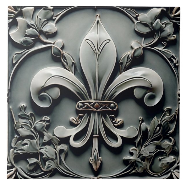Fleur de Lis Charcoal Grey Dark Gray Faux Relief Ceramic Tile (Front)