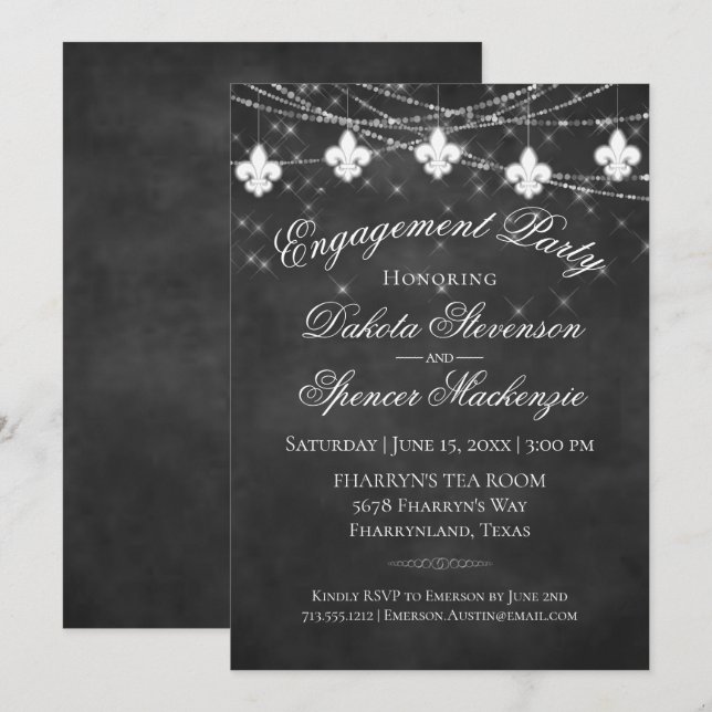 Fleur de Lis Charcoal Lights | Engagement Party Invitation (Front/Back)