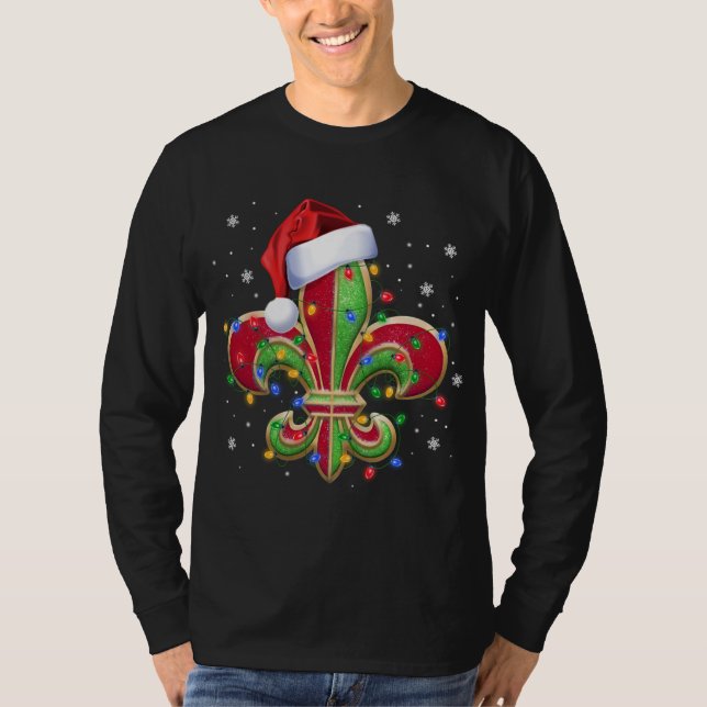 Fleur De Lis Christmas Ornament with Santa Hat Xma T-Shirt (Front)