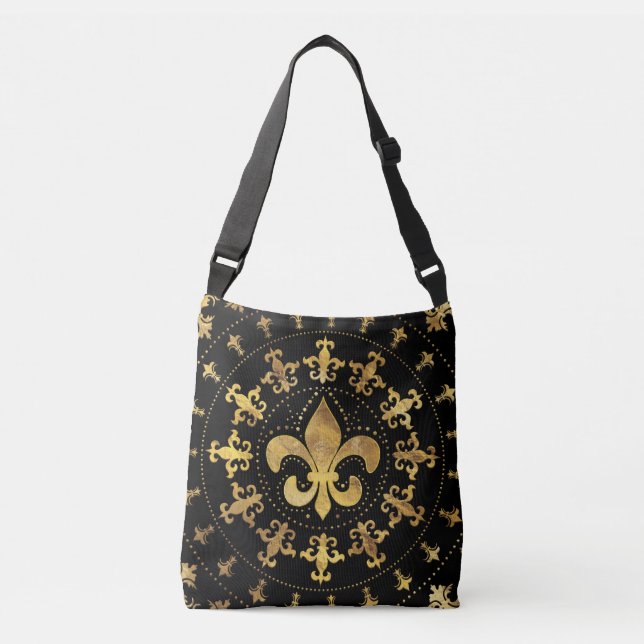 Fleur-de-lis - circular ornament - Gold and black Crossbody Bag (Front)