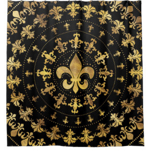 Fleur-de-lis - circular ornament - Gold and black Shower Curtain