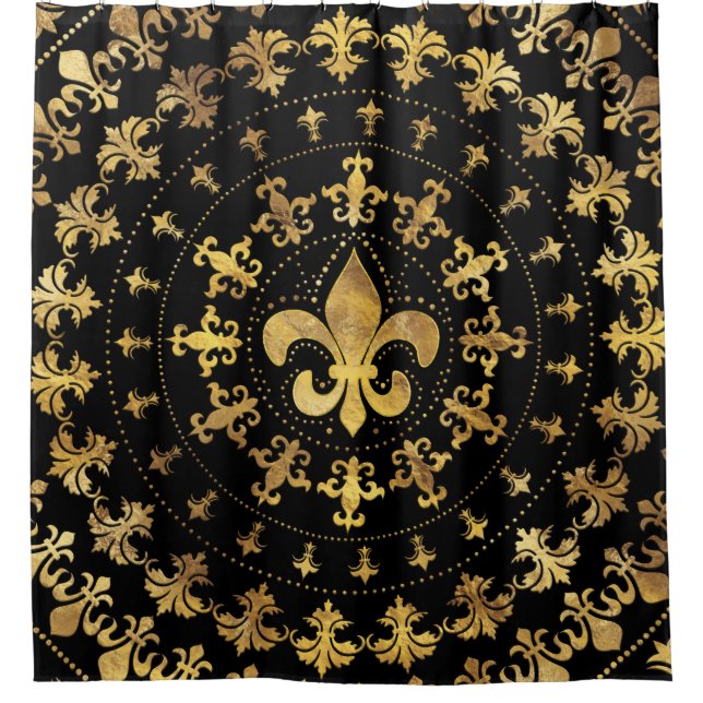 Fleur-de-lis - circular ornament - Gold and black Shower Curtain (Front)