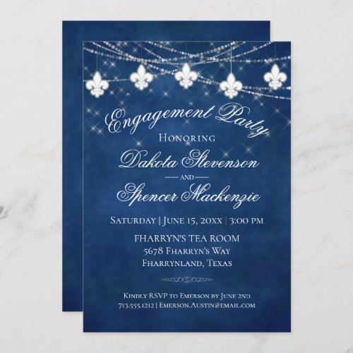 Fleur de Lis Classic Blue Light  Engagement Party Invitation