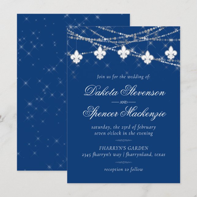Fleur de Lis Classic Blue Lights | Jewel Wedding Invitation (Front/Back)
