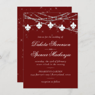 Fleur de Lis Dark Red Lights Crimson Wedding Invitation