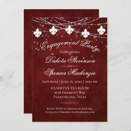 Fleur de Lis Dark Red Lights  Engagement Party Invitation