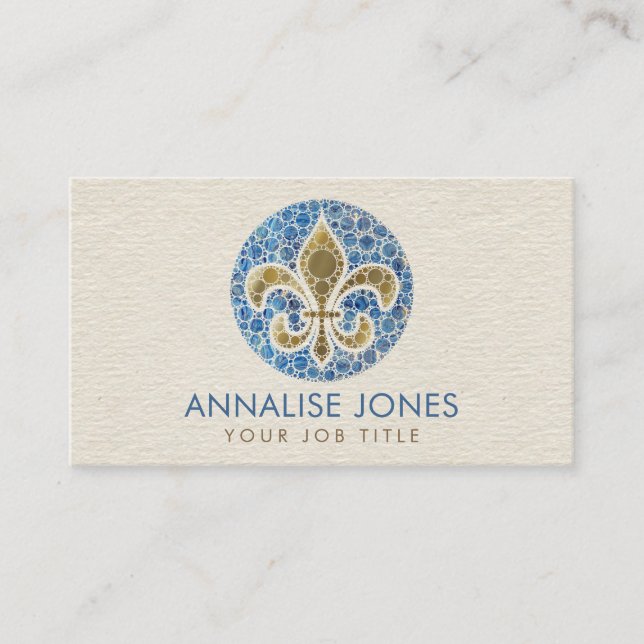 Fleur-de-lis  - Dot Art  Blue Marble and Gold Business Card (Front)