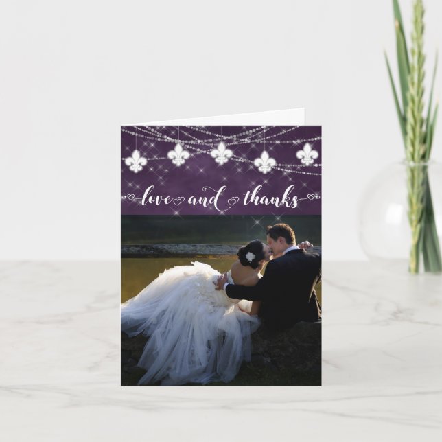 Fleur de Lis Eggplant Lights | Plum Photo Love and Thank You Card (Front)